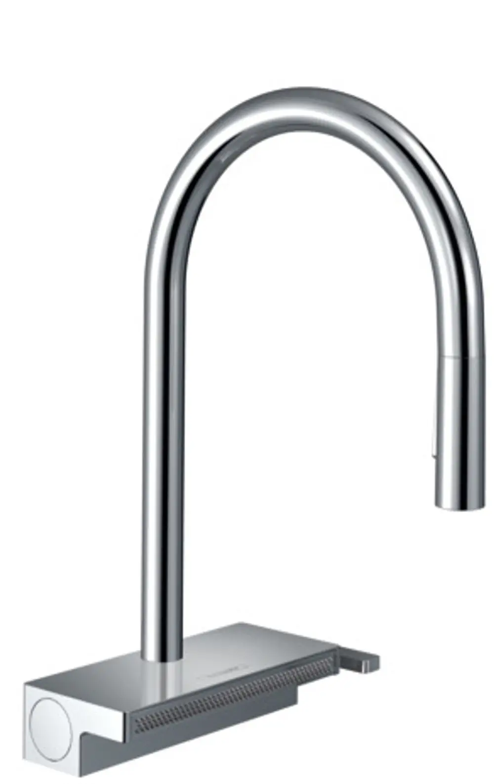 Hochglänzender Spültischmischer von Hansgrohe mit einem Bogenarm und einer ausziehbaren Brause, geeignet für Küchenanwendungen.
